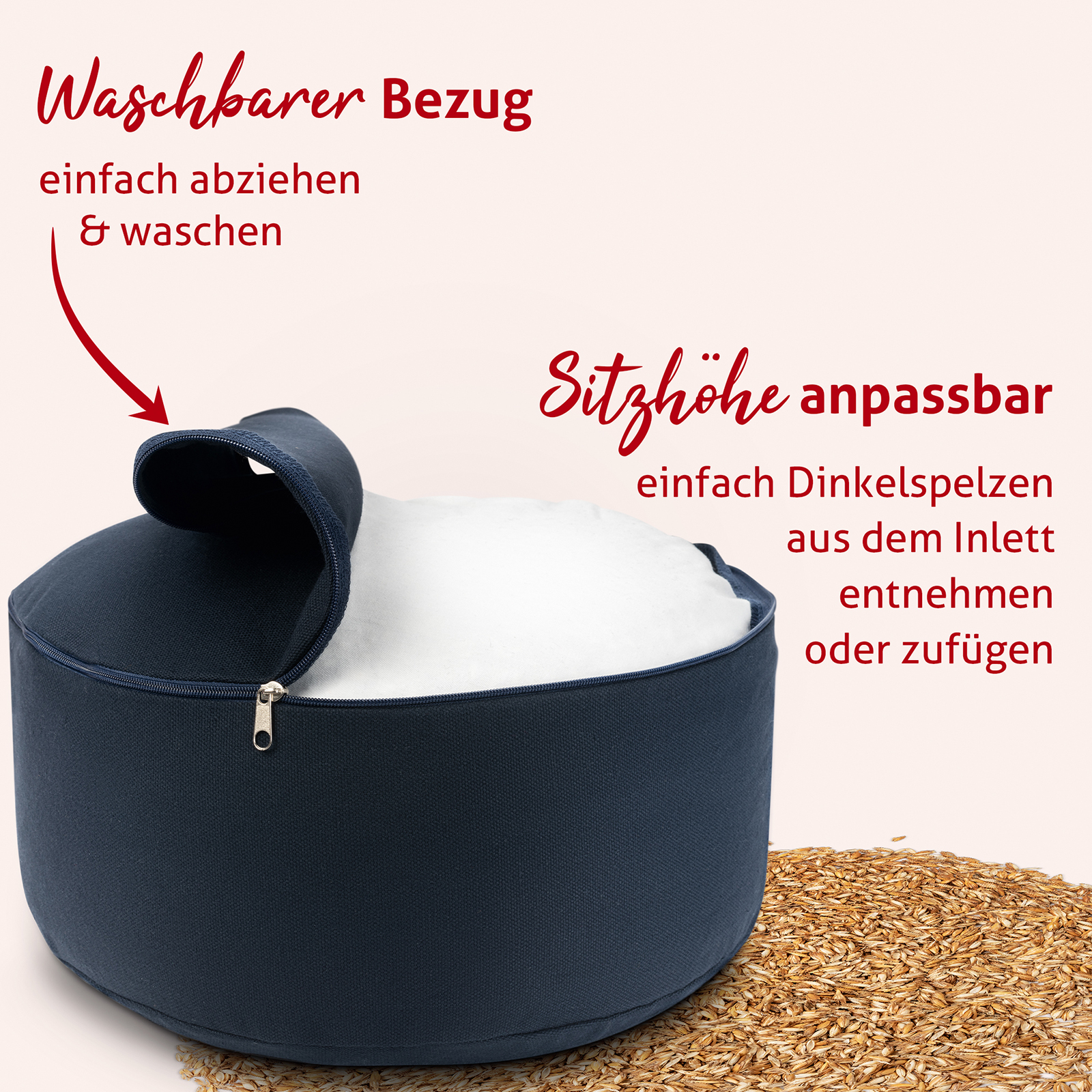 Sitzhöhe und Härtegrad kanst Du anpassen, den Bezug zum Waschen abnehmen.