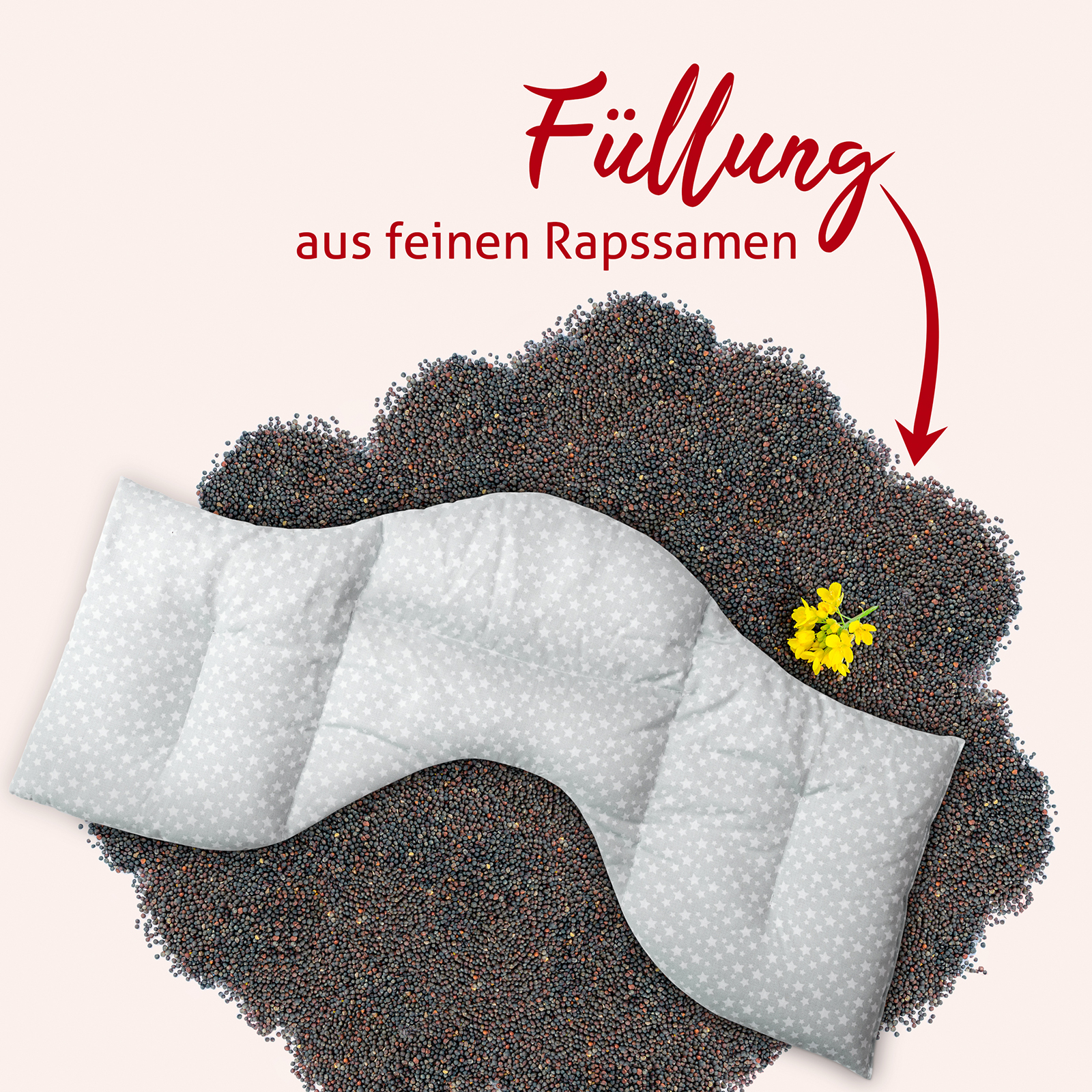 Die Füllung aus feinen Rapssamen ist in vier abgesteppten Kammern verteilt, damit sie jederzeit an der richtigen Stelle sitzt.