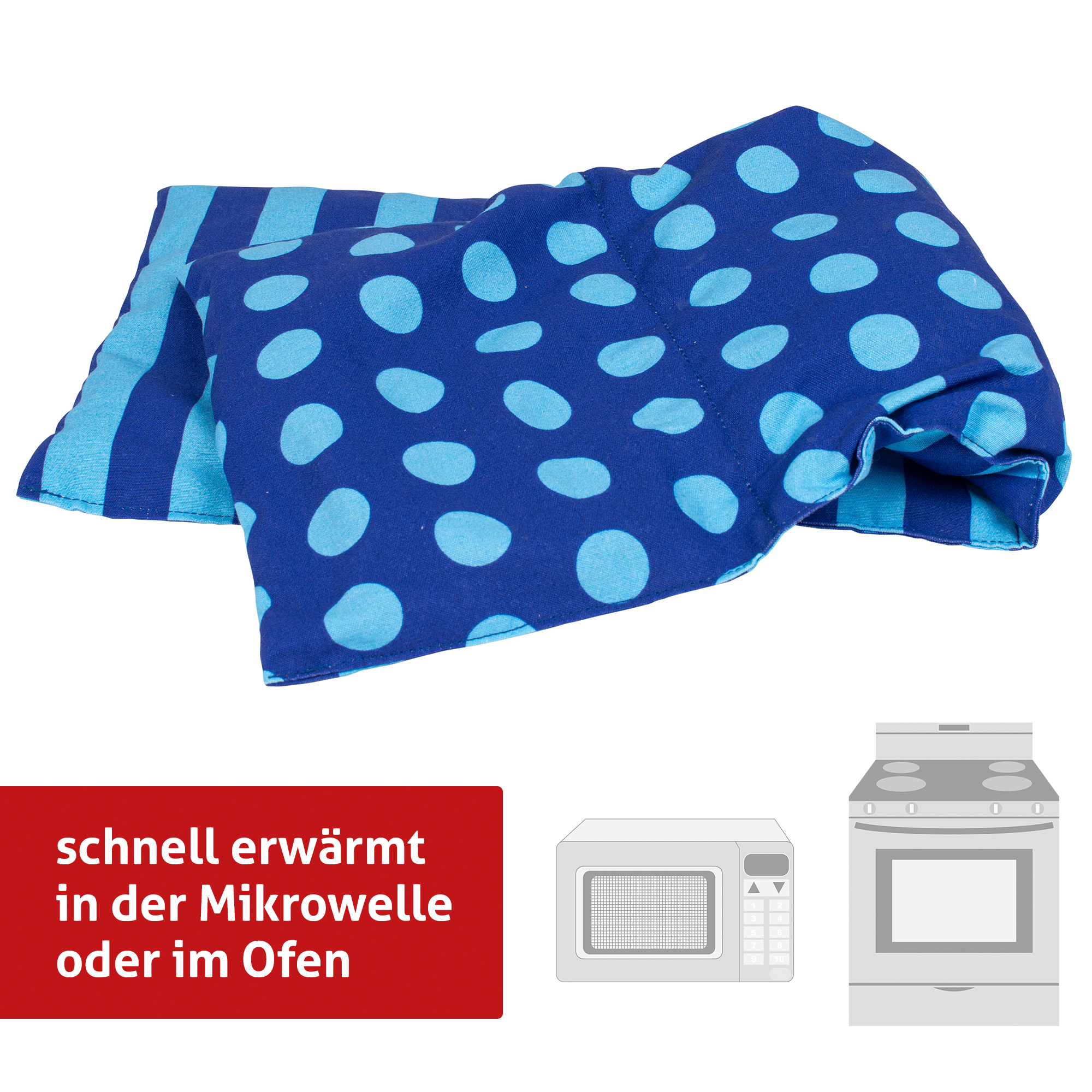 Das Kirschkernkissen kann sowohl im Ofen als auch in der Mikrowelle erwärmt werden.